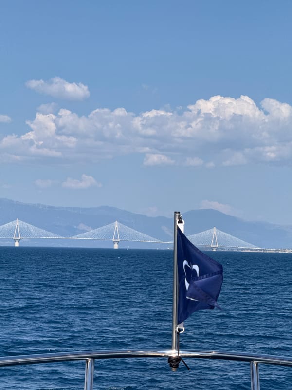 Rio-Antirrio Bridge seen from the water, Patras