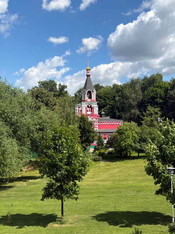 Moscow park outing with a church, wildflowers, and playground fun
