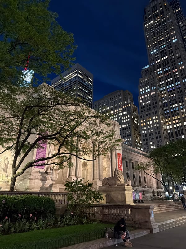 Person sits by NYC Public Library amid lit skyscrapers