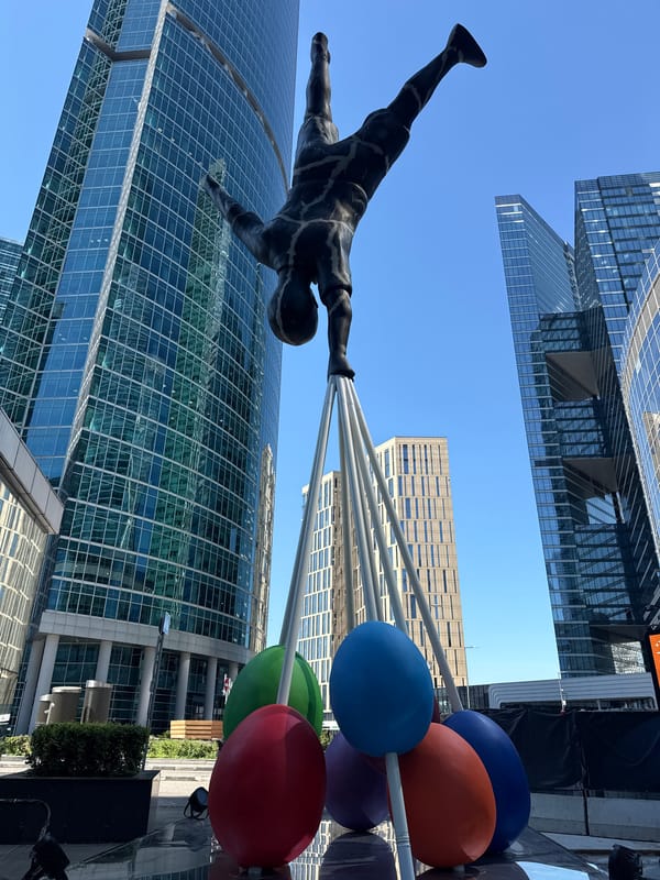 Athletic handstand sculpture documented in Khimki, Russia