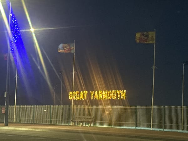 Evening documentation of illuminated Great Yarmouth promenade decorations