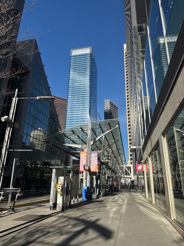 Downtown Calgary prepped for an outdoor event on a sunny day