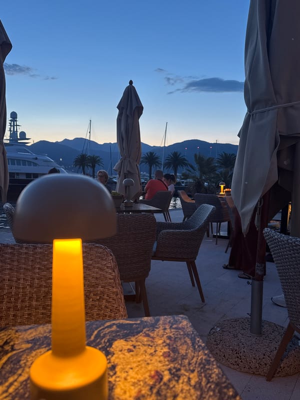 Evening harbor scenes documented in Tivat, Montenegro