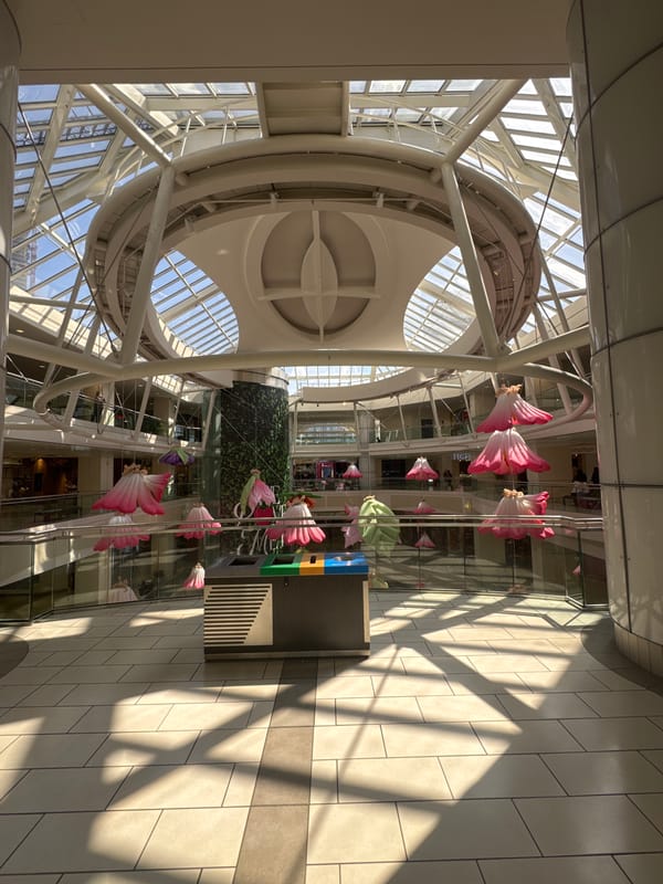 Shopper documents floral display at Burnaby mall atrium