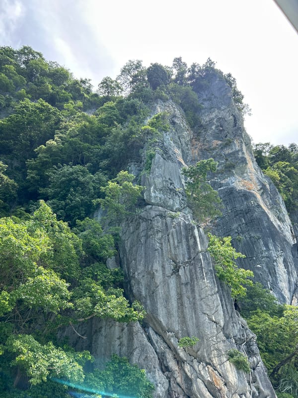Tour boats and beach crowds at Ko Phi Phi's karst coastline
