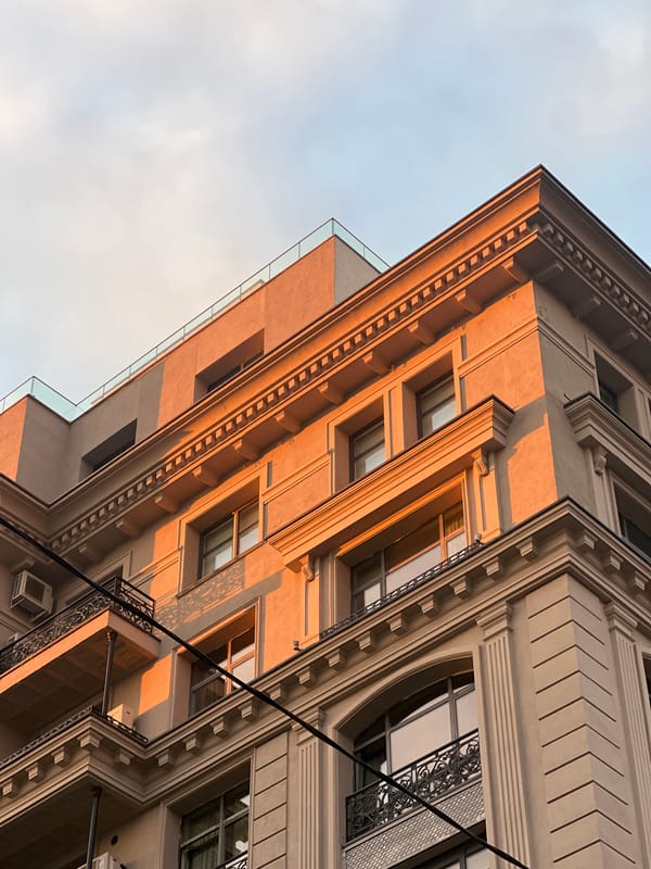 Ornate Moscow building facade, shot close and low