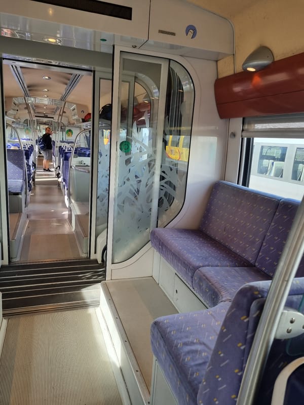 Train interior observed during morning commute near Forbach, France