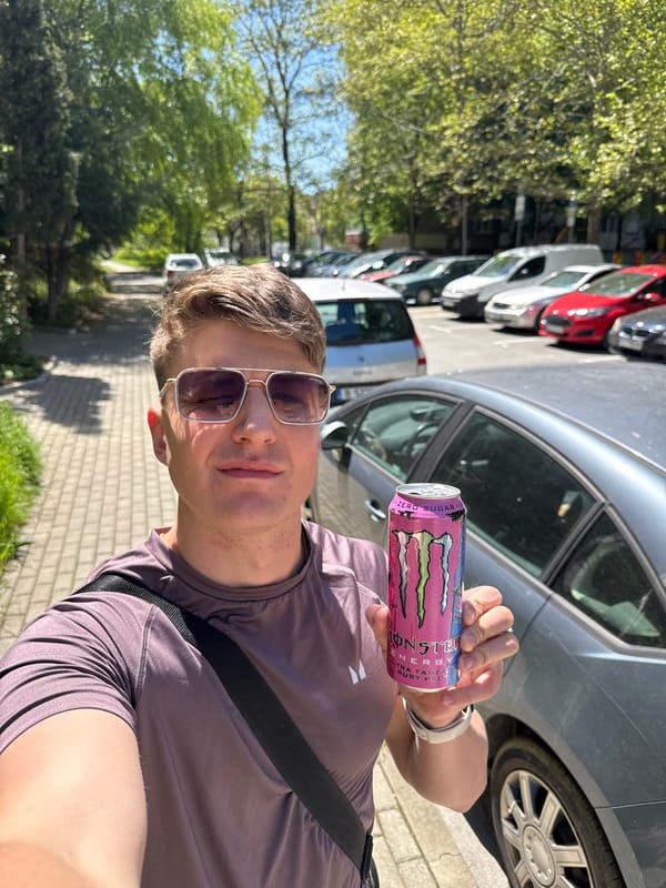 Man takes selfie with pink energy drink in Varna