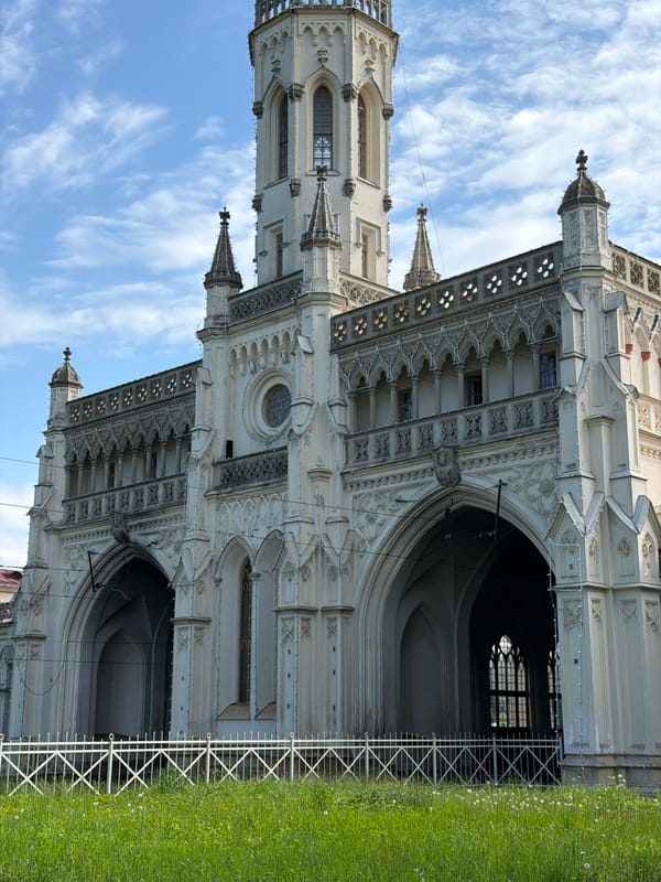 Gothic Revival building photographed multiple times in Peterhof, Russia
