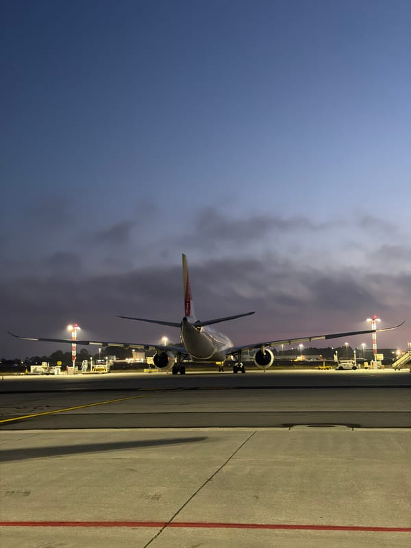 Dusk to night on the tarmac at Porto Airport
