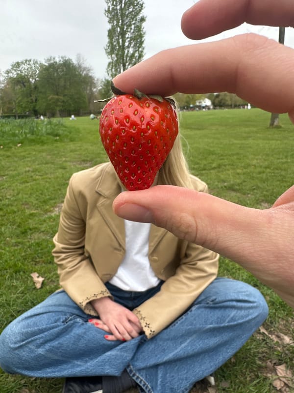 Strawberry sharing moment captured in London park