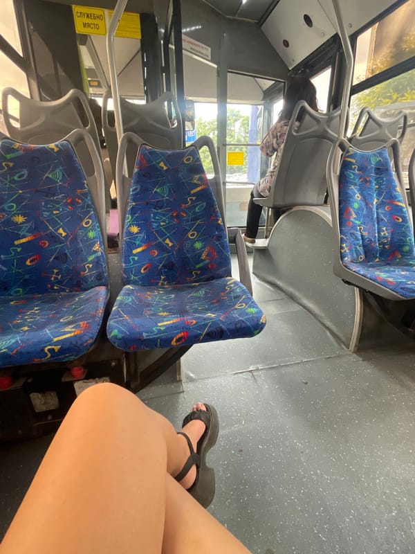 Bus ride, apartment blocks, a street cat, and a parked SUV