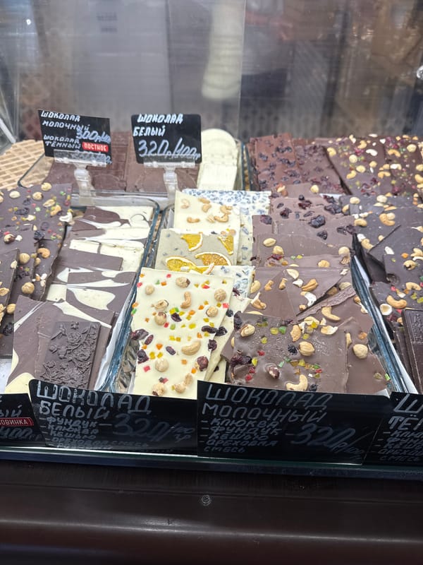 Artisan chocolates and sweets fill a Russian confectionery shop