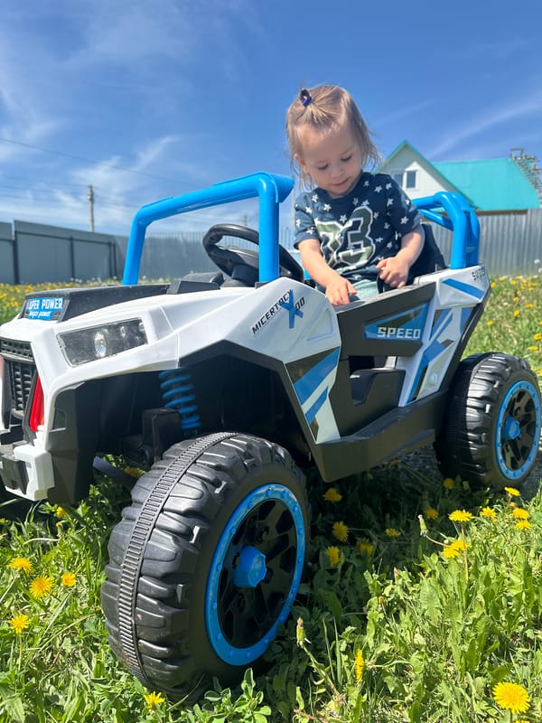 Child plays with toy vehicle in Russian garden