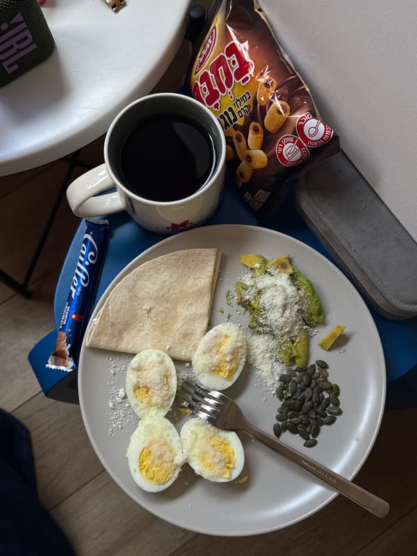 Breakfast and laptop on a Tel Aviv floor, morning routine
