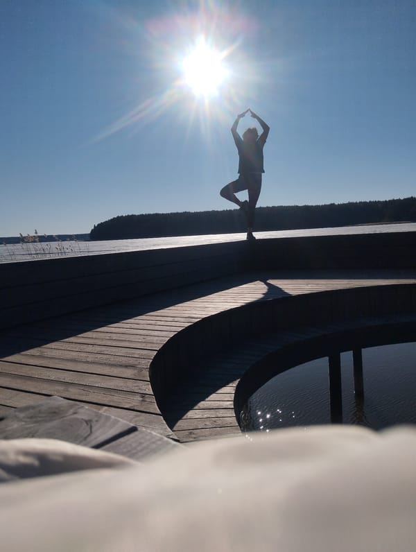 Person practices yoga on wooden deck near frozen water
