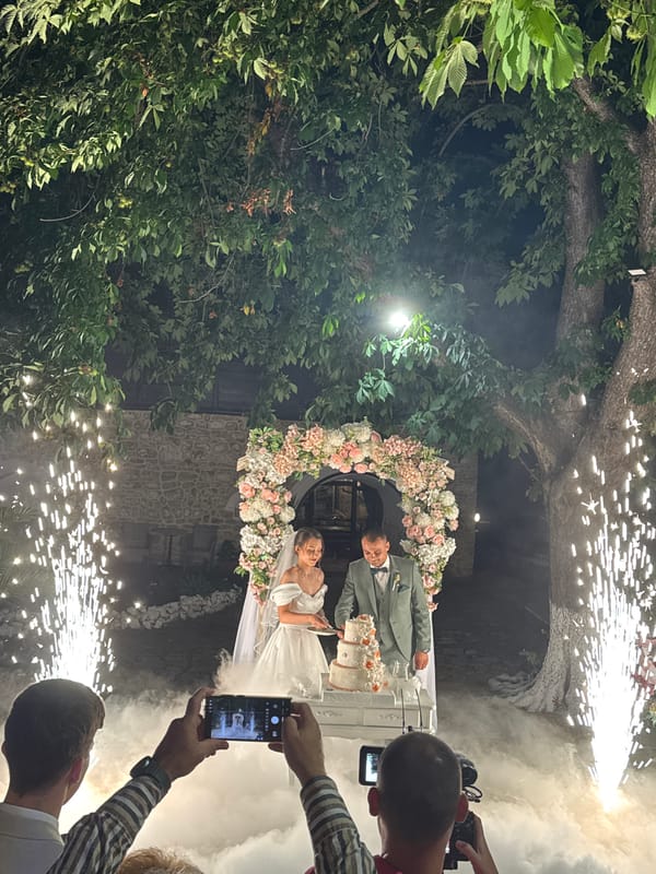 Wedding reception in Arbanassi with dancing, pyrotechnics, and folk tradition.