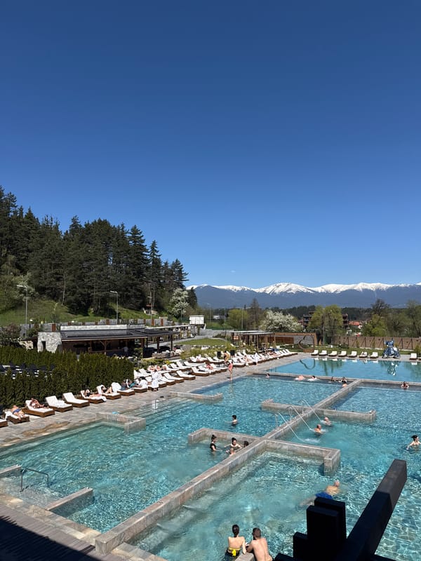 Clear skies over thermal pools in Bania, Bulgaria