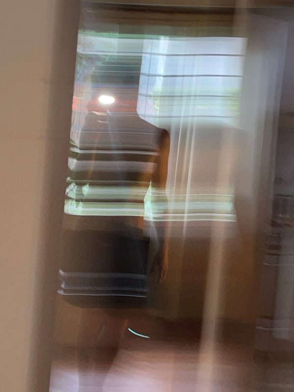 Blurry window view with chair reflection captured in Vicente López