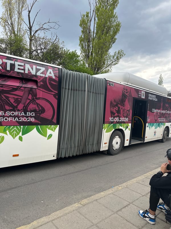 Promotional bus spotted on Sofia street during overcast afternoon