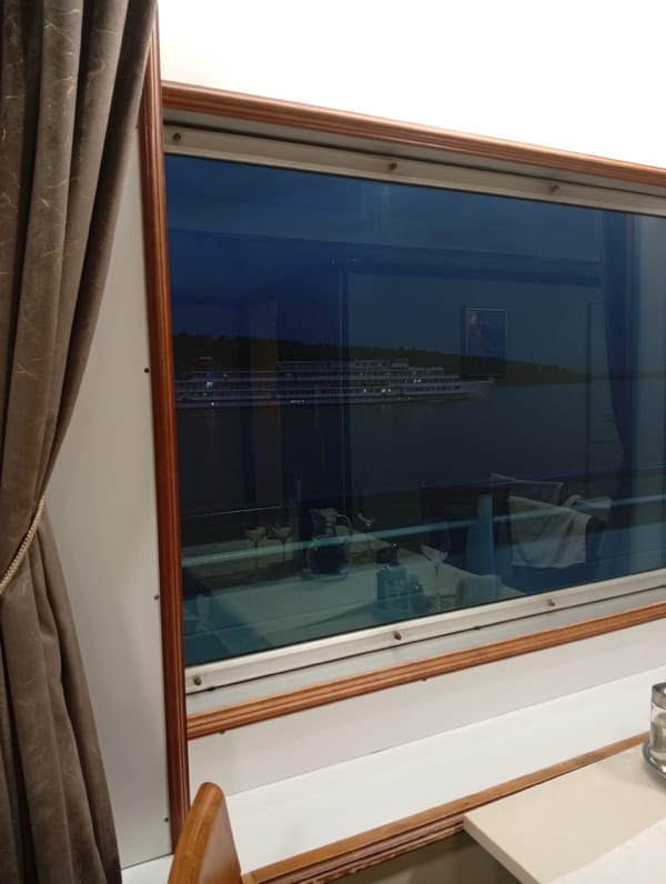 Dining room overlooks river cruise ship in Troitskiy Posad