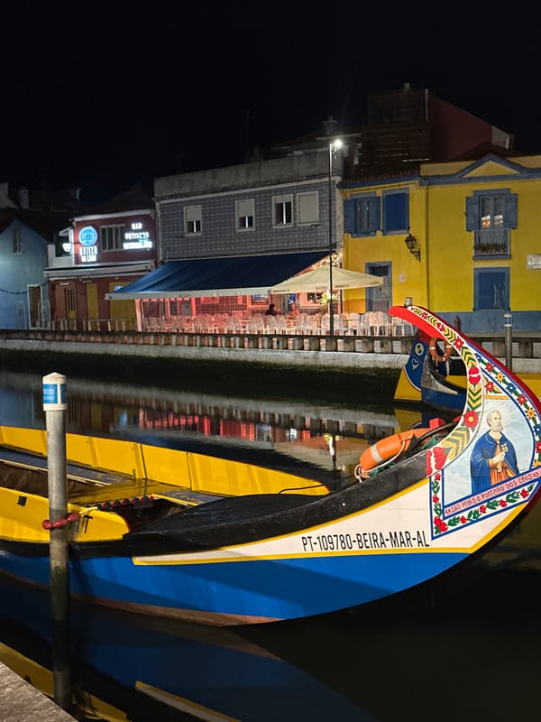 Traditional Moliceiro boat spotted docked at night in Aveiro