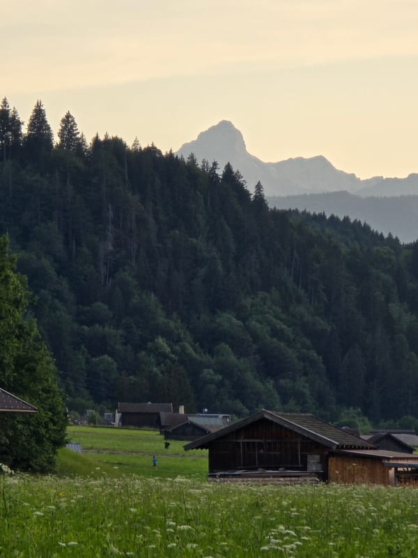 Golden hour around Garmisch-Partenkirchen's alpine meadows and farmsteads
