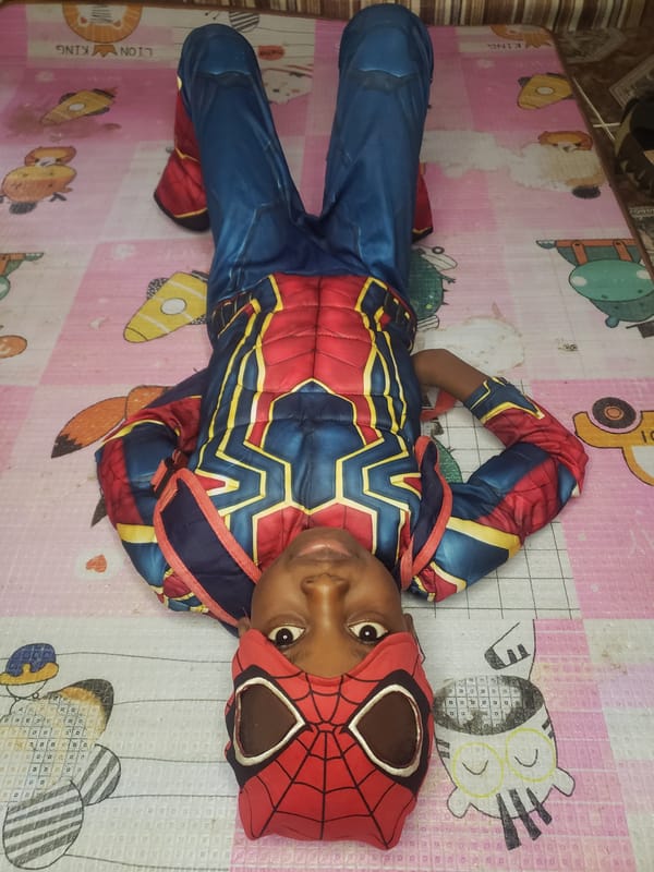 Spider-Man costume fully committed to in a Narayi living room