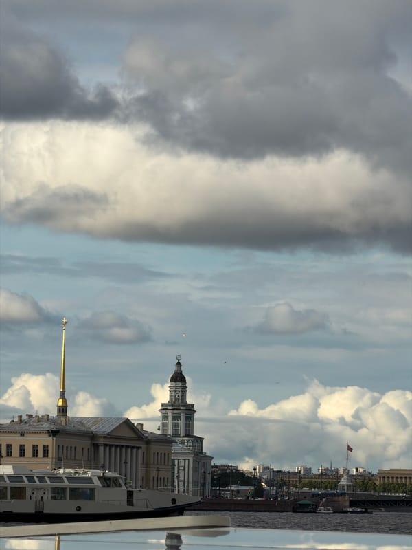 Saint Petersburg's historic riverfront and canal streets on a grey afternoon