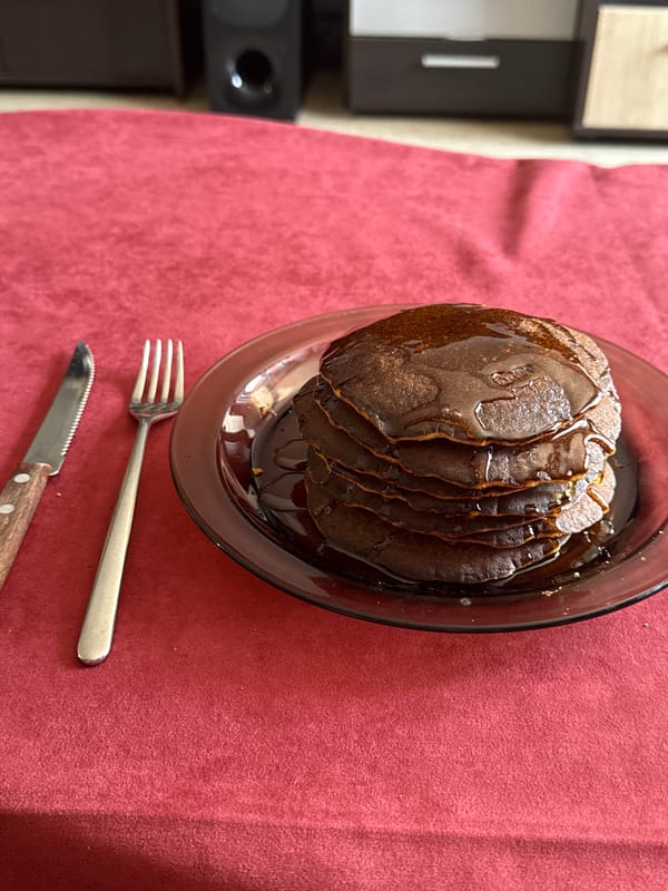 Chocolate pancakes photographed during breakfast in Blagoevgrad, Bulgaria
