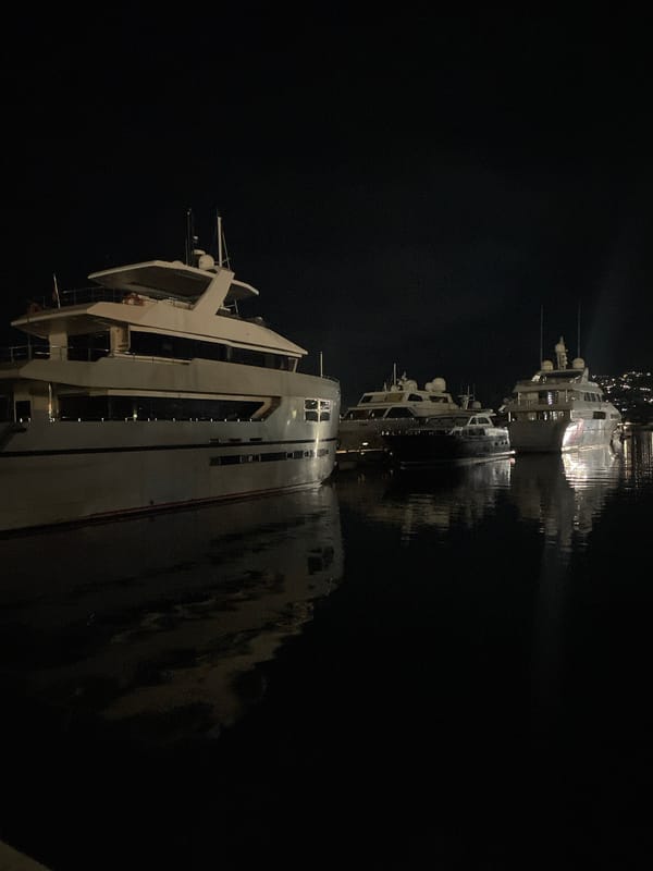 Bar Marina at night: yachts, sailboats, and a cruise ship docked