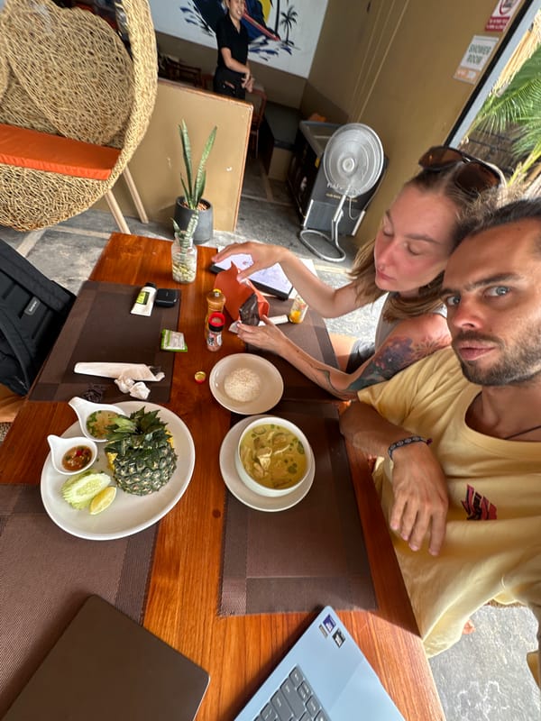 Lazy beach morning in Ko Samui — dining, jet skis, overcast sea