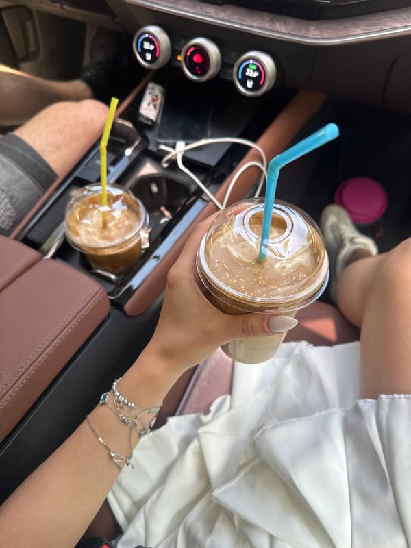 Iced coffees in a car console, Sofia