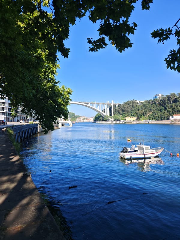 Sunny riverfront with a modern arched bridge and hillside town