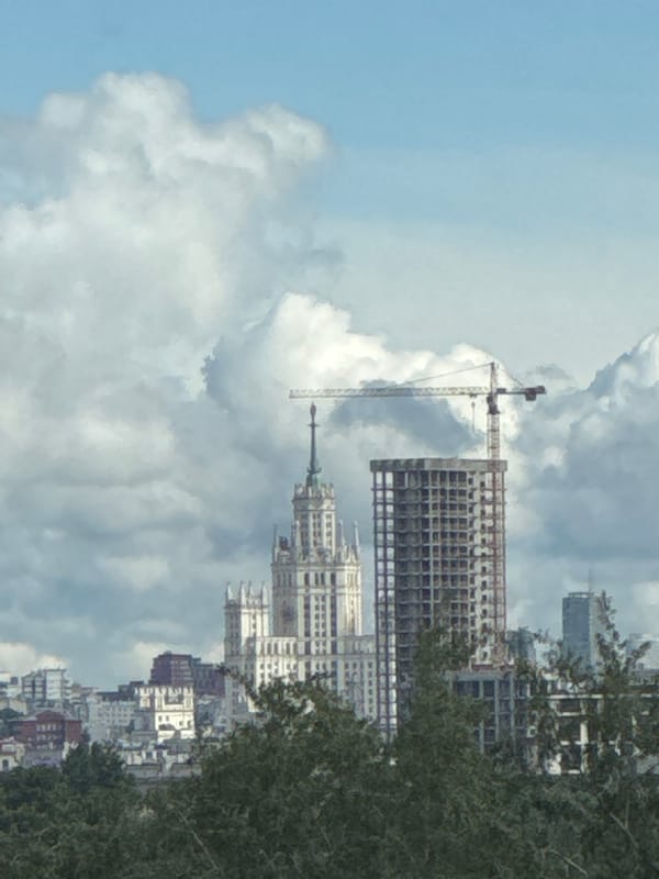 Morning view captures Moscow skyline with mixed architectural styles
