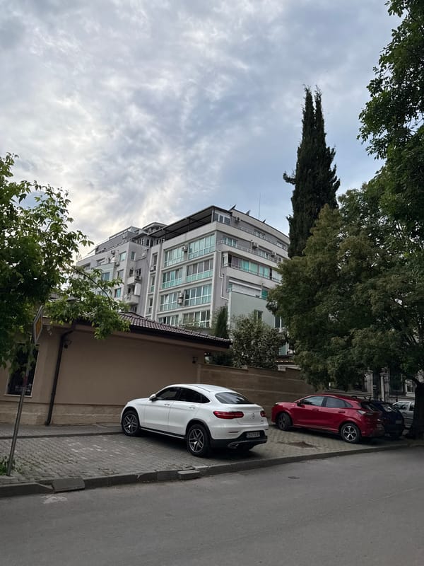 Person documents street scene and self-portrait in Stara Zagora