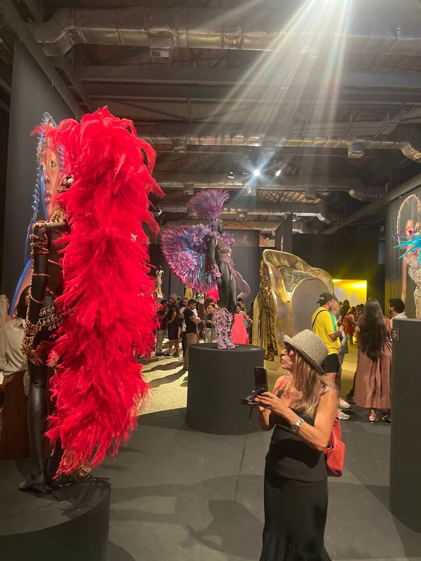 Woman views carnival costume display at Rio museum