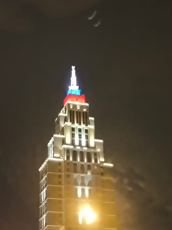 Moscow building displays patriotic lighting during evening hours