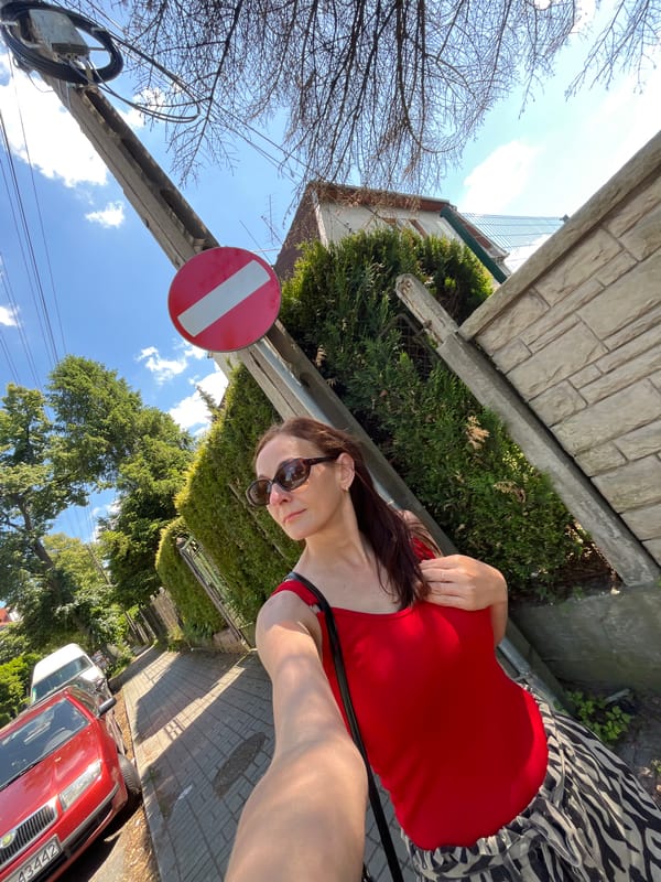 Woman documents sunny day with selfies across urban locations
