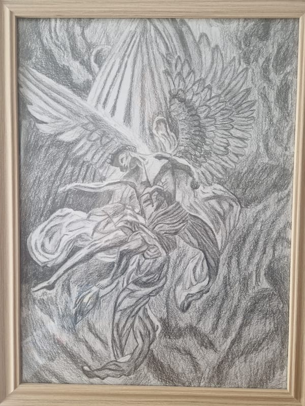 Framed pencil drawing of winged figure observed