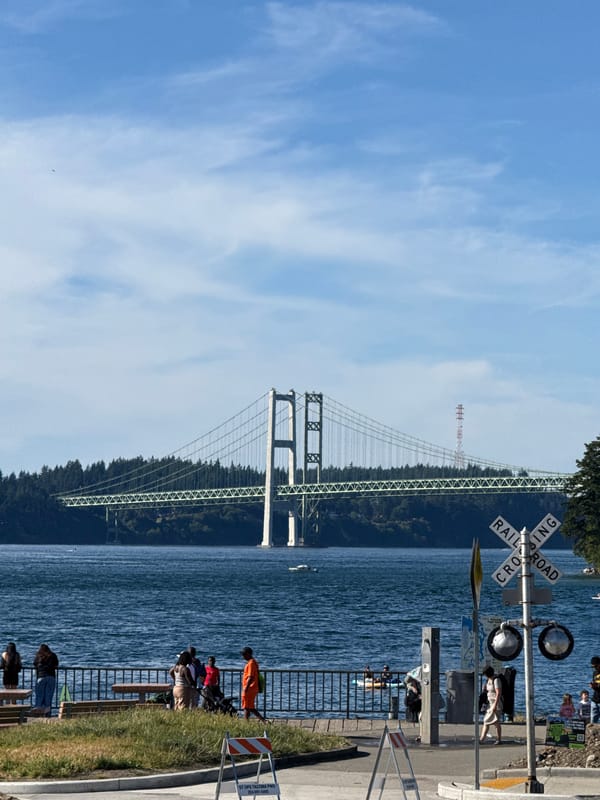 Paddleboarding session near Tacoma Narrows Bridge on Puget Sound