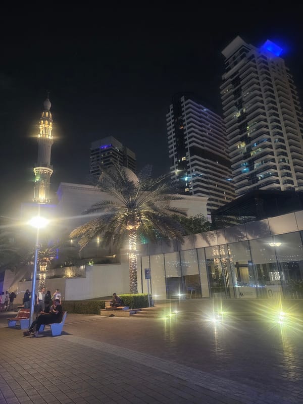Dubai nighttime cityscape captured with modern buildings and mosque