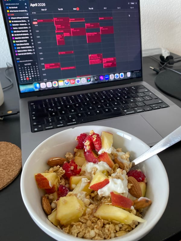 Morning breakfast desk setup captured in Gijón home office