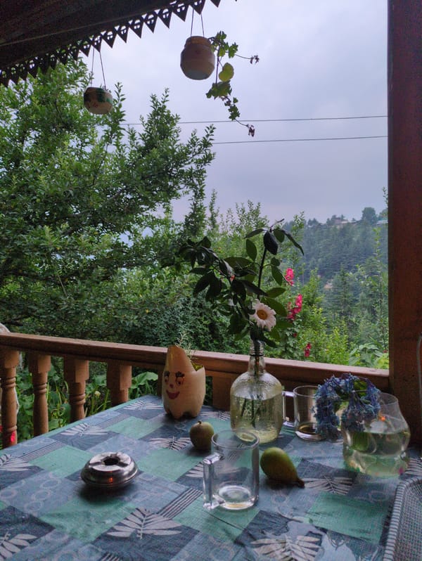 Green hillside view from a porch in Naggar, India