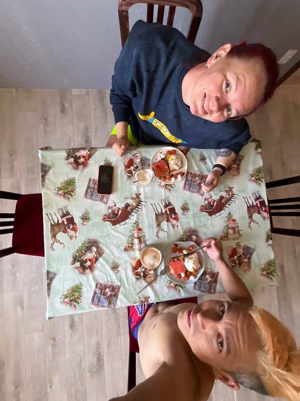 Morning breakfast routine with pets documented in Chaikovsky, Russia
