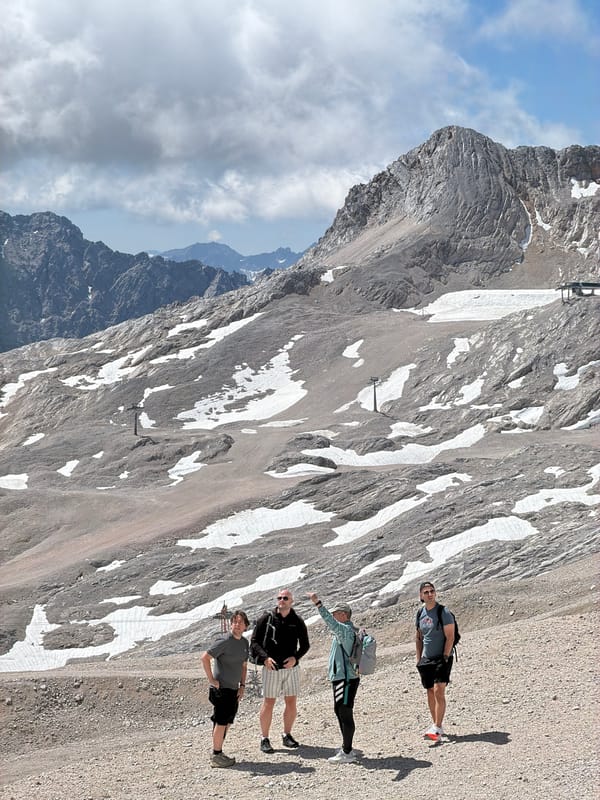 Morning at the Zugspitze summit, crowds and clouds