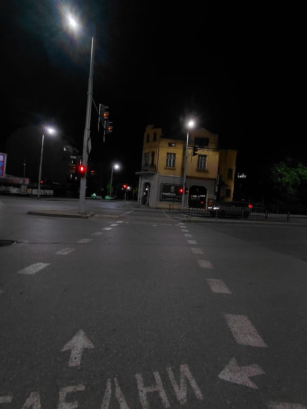 Nighttime street walk documented through central Plovdiv, Bulgaria