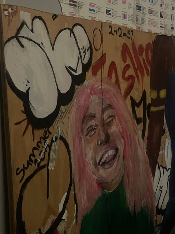 Portrait painting with pink hair observed on plywood in Maidstone