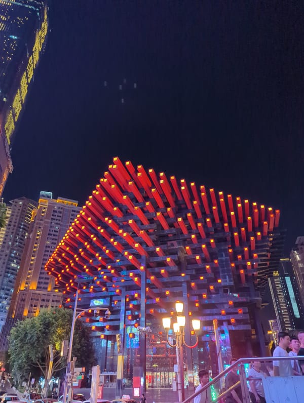 Electric vehicle navigates Chongqing's Hongyadong district at night