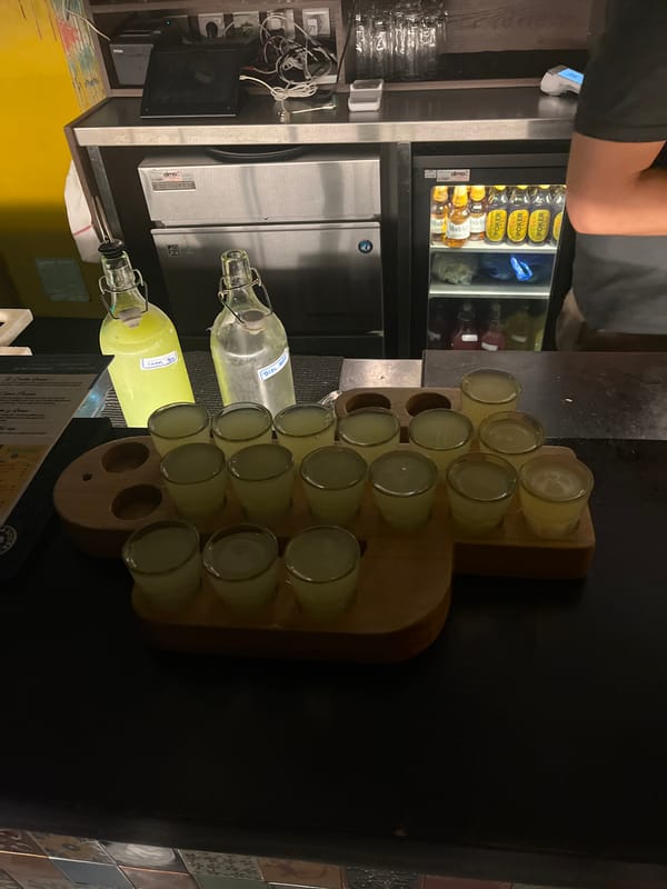 Evening bar scene captured in Lyon with beverages and shots